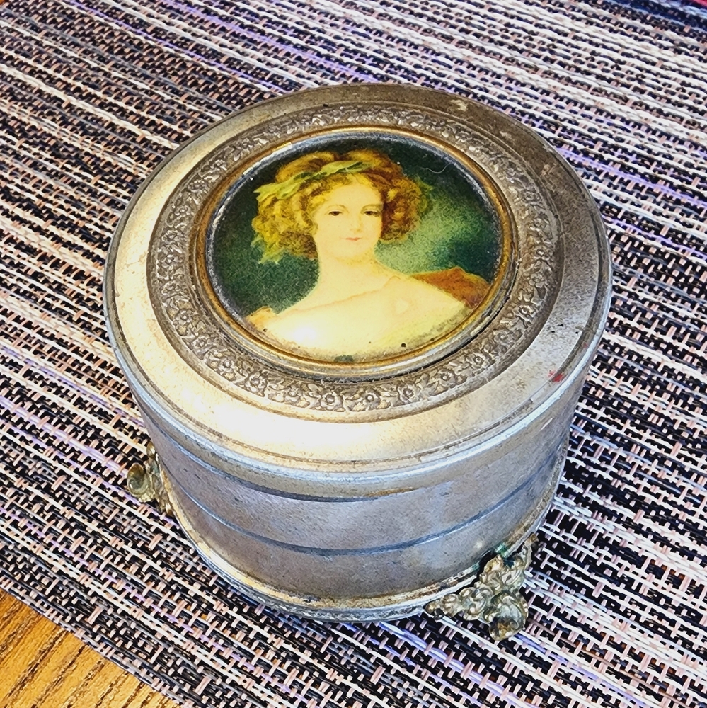 Antique Vintage Metal Powder Box / Music Box